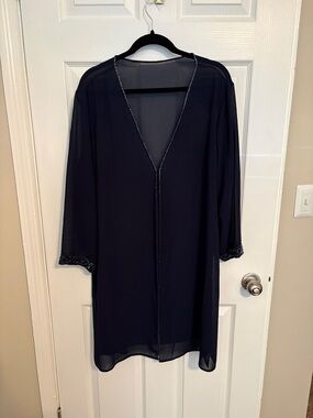 Navy Sheer Beaded Trim Kimono Sleeve Topper